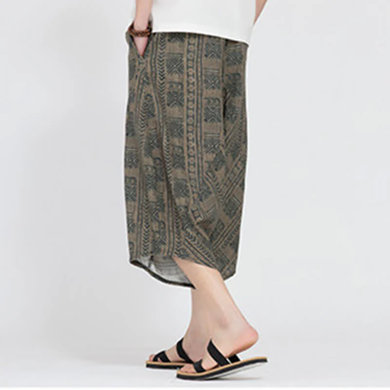 Buddha Stones Letnie spodnie capri w stylu boho casual z elastyczną talią i geometrycznym kwiatowym wzorem, męskie spodnie haremowe - Image 4