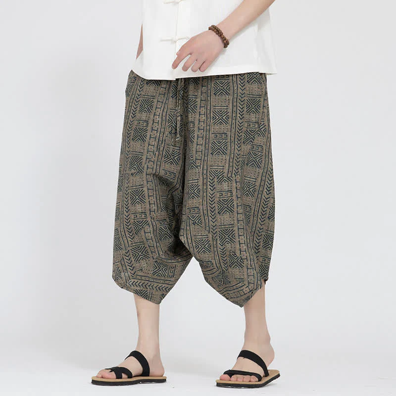 Buddha Stones Letnie spodnie capri w stylu boho casual z elastyczną talią i geometrycznym kwiatowym wzorem, męskie spodnie haremowe - Image 5