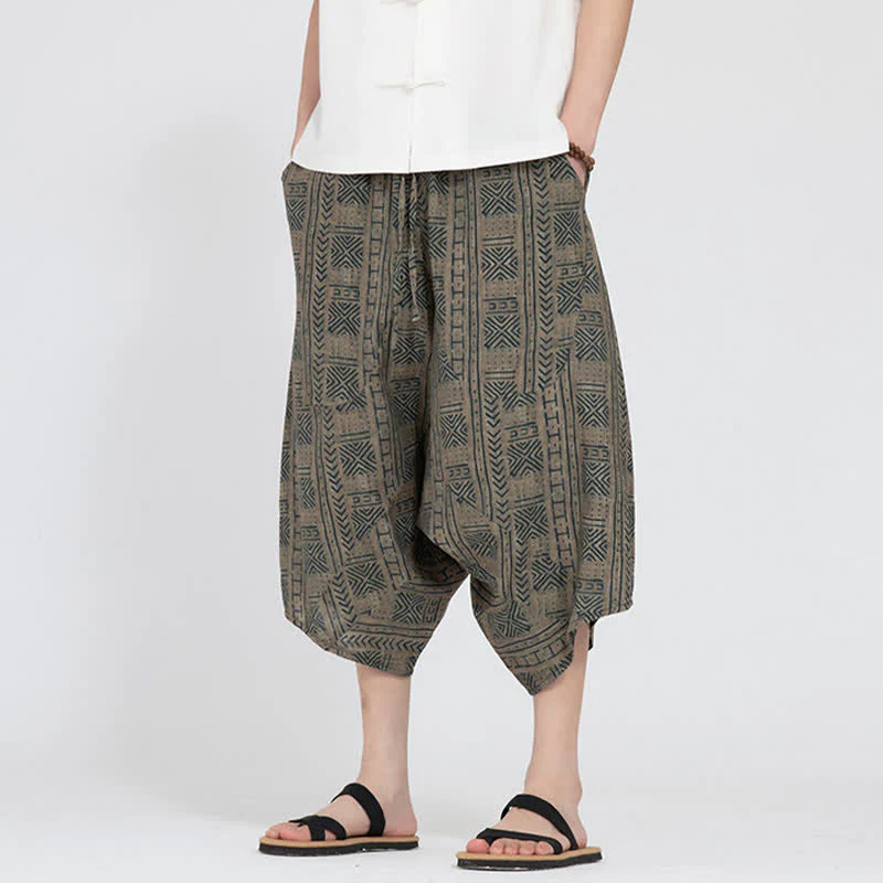 Buddha Stones Letnie spodnie capri w stylu boho casual z elastyczną talią i geometrycznym kwiatowym wzorem, męskie spodnie haremowe - Image 6
