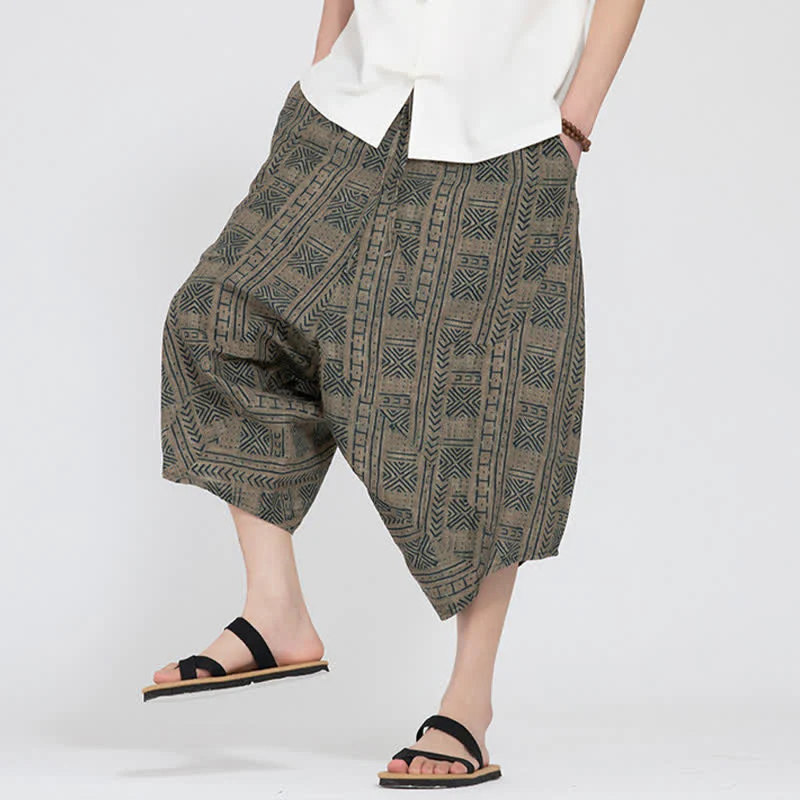 Buddha Stones Letnie spodnie capri w stylu boho casual z elastyczną talią i geometrycznym kwiatowym wzorem, męskie spodnie haremowe - Image 8