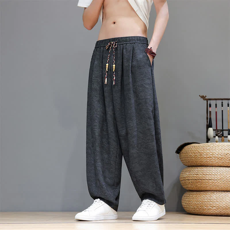 Buddha Stones Letnie spodnie haremowe męskie w stylu boho ze ściągaczem i wzorem roślinnym, z kieszeniami - Image 10