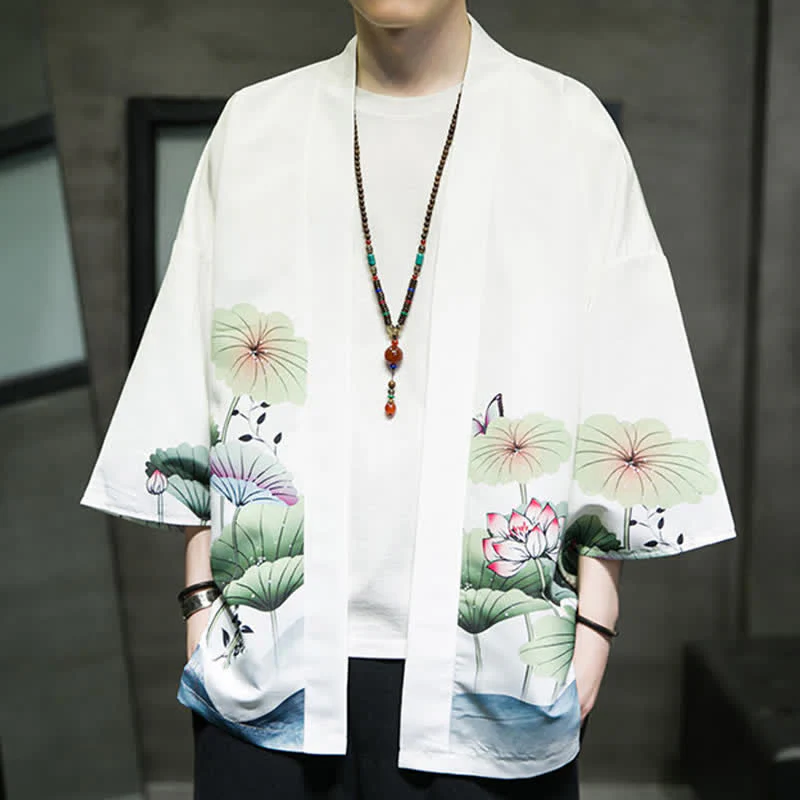 Buddha Stones Letnie, swobodne kimono męskie z nadrukiem w liście lotosu i motyle z motywem żurawia, z otwartym przodem - Image 2