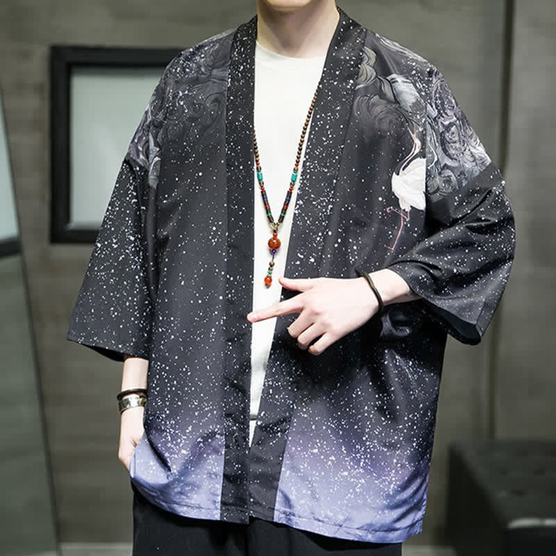 Buddha Stones Letnie, swobodne kimono męskie z nadrukiem w liście lotosu i motyle z motywem żurawia, z otwartym przodem - Image 30