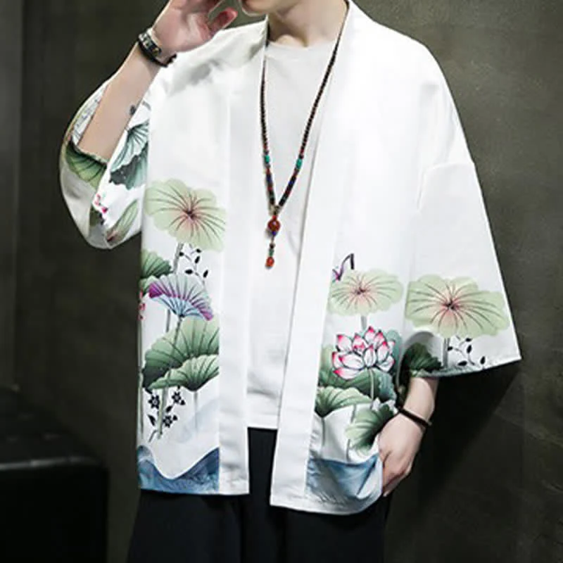 Buddha Stones Letnie, swobodne kimono męskie z nadrukiem w liście lotosu i motyle z motywem żurawia, z otwartym przodem - Image 7