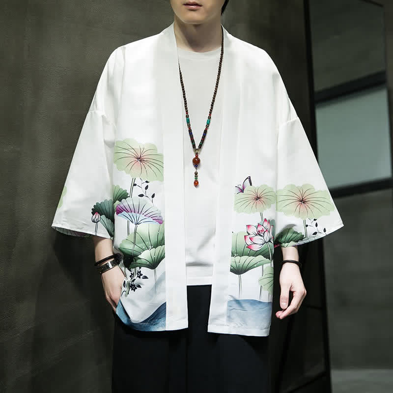 Buddha Stones Letnie, swobodne kimono męskie z nadrukiem w liście lotosu i motyle z motywem żurawia, z otwartym przodem - Image 8