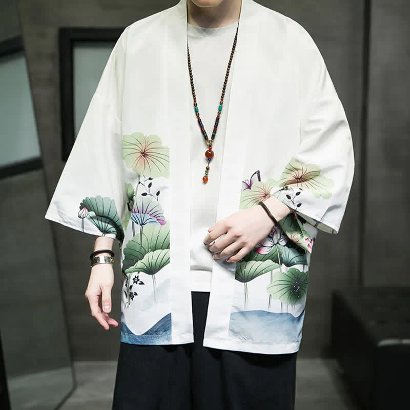 Buddha Stones Letnie, swobodne kimono męskie z nadrukiem w liście lotosu i motyle z motywem żurawia, z otwartym przodem - Image 9