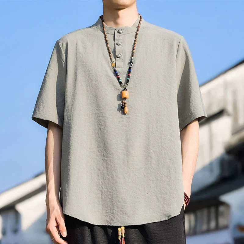 Buddha Stones Letnie, swobodne koszule męskie z krótkim rękawem i kołnierzykiem typu stójka, trzy guziki, z grubej bawełny