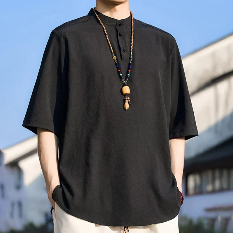 Buddha Stones Letnie, swobodne koszule męskie z krótkim rękawem i kołnierzykiem typu stójka, trzy guziki, z grubej bawełny - Image 10