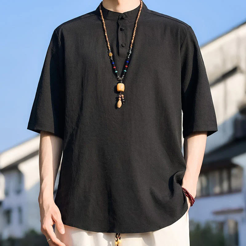 Buddha Stones Letnie, swobodne koszule męskie z krótkim rękawem i kołnierzykiem typu stójka, trzy guziki, z grubej bawełny - Image 14