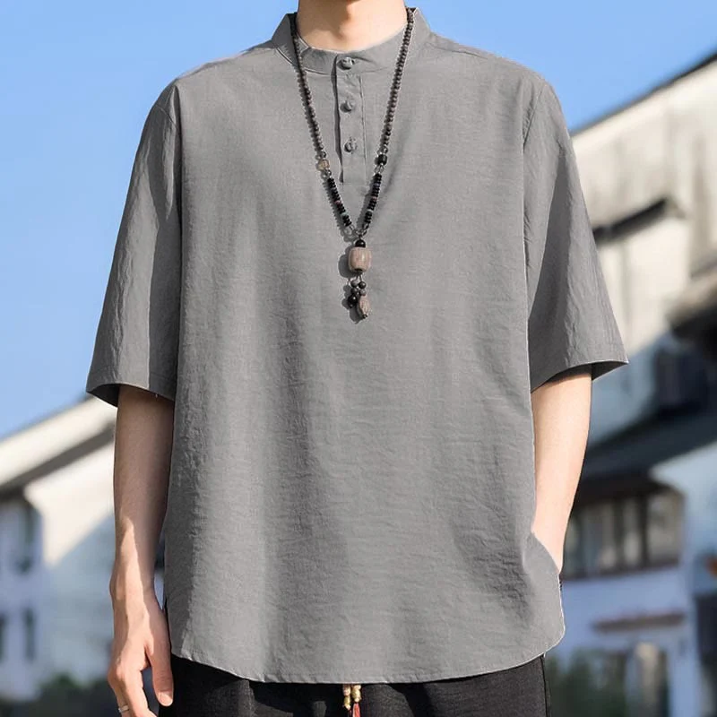 Buddha Stones Letnie, swobodne koszule męskie z krótkim rękawem i kołnierzykiem typu stójka, trzy guziki, z grubej bawełny - Image 15