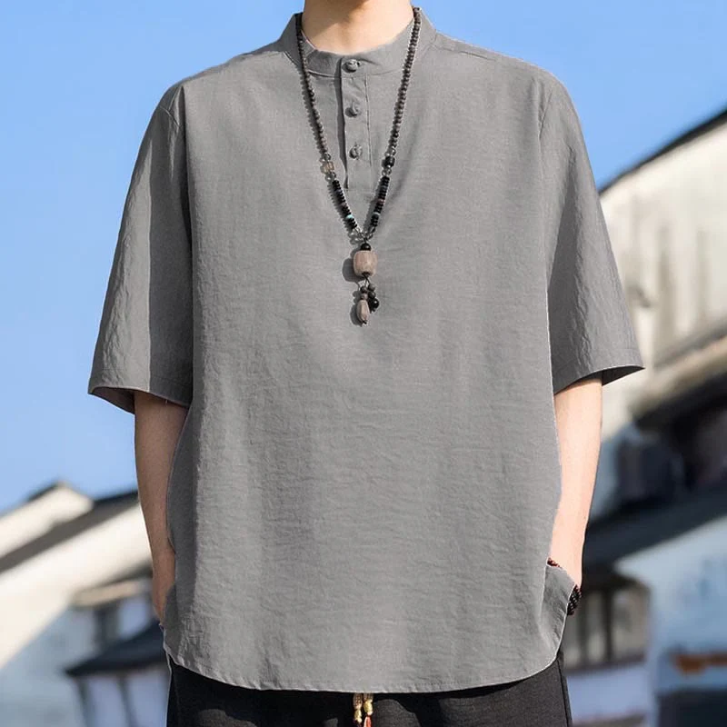 Buddha Stones Letnie, swobodne koszule męskie z krótkim rękawem i kołnierzykiem typu stójka, trzy guziki, z grubej bawełny - Image 20
