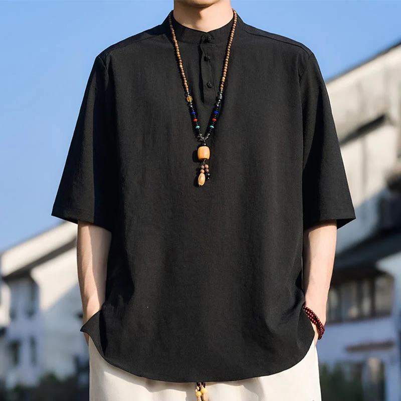 Buddha Stones Letnie, swobodne koszule męskie z krótkim rękawem i kołnierzykiem typu stójka, trzy guziki, z grubej bawełny - Image 7