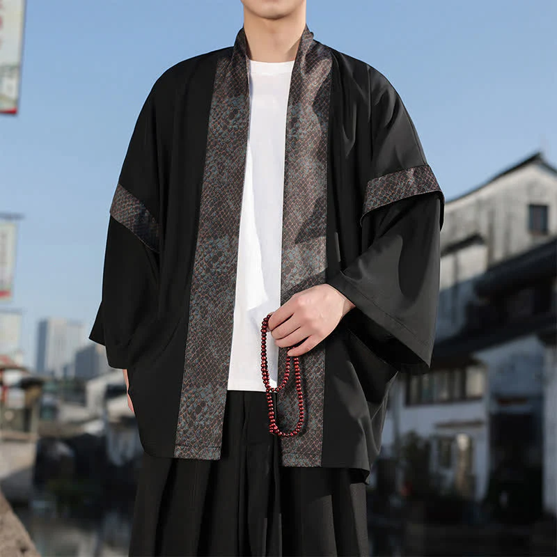 Buddha Stones Letnie, swobodne, męskie kimono z kołnierzykiem Zen i rękawami do łokci - Image 3