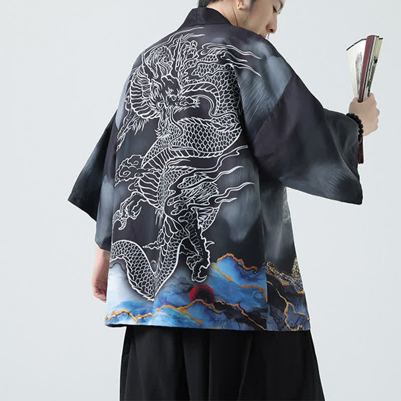 Buddha Stones Letnie, swobodne, męskie kimono z odkrytym przodem Dragon Mountains - Image 10