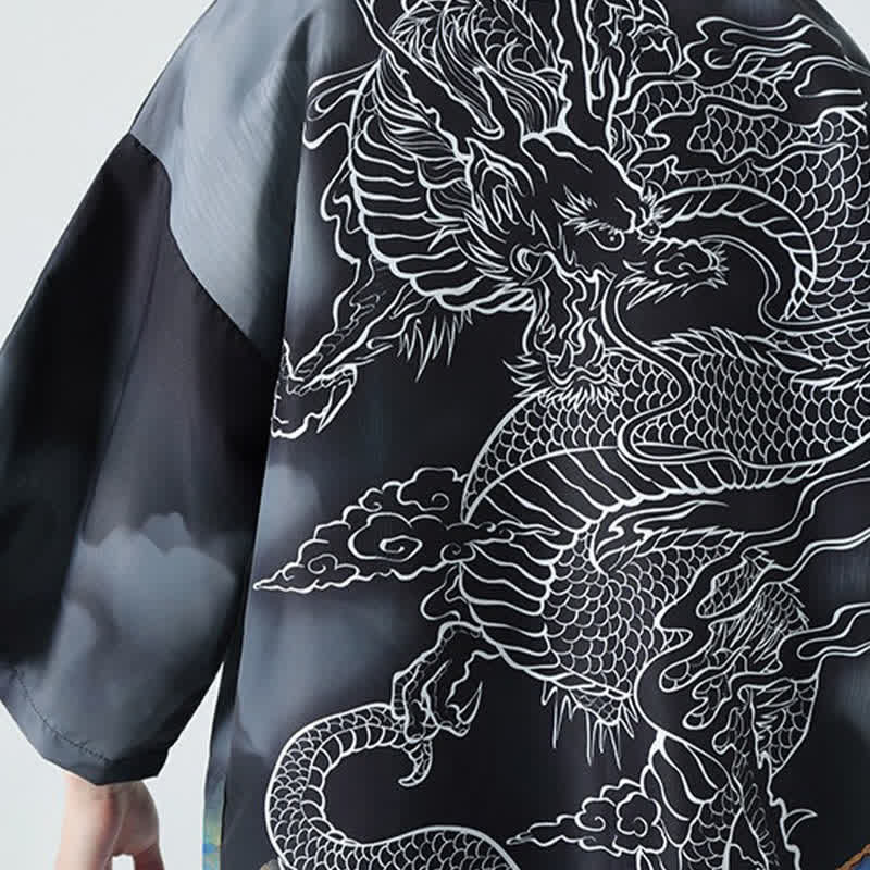 Buddha Stones Letnie, swobodne, męskie kimono z odkrytym przodem Dragon Mountains - Image 13