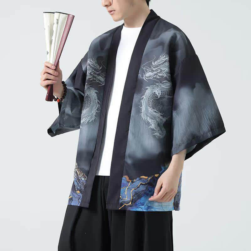 Buddha Stones Letnie, swobodne, męskie kimono z odkrytym przodem Dragon Mountains - Image 2