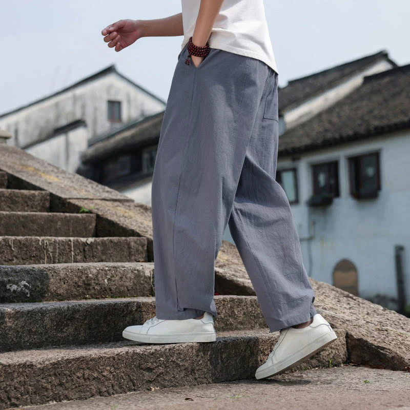 Buddha Stones Letnie, swobodne, minimalistyczne, długie spodnie męskie z bawełny ściąganej sznurkiem i kieszenią - Image 7