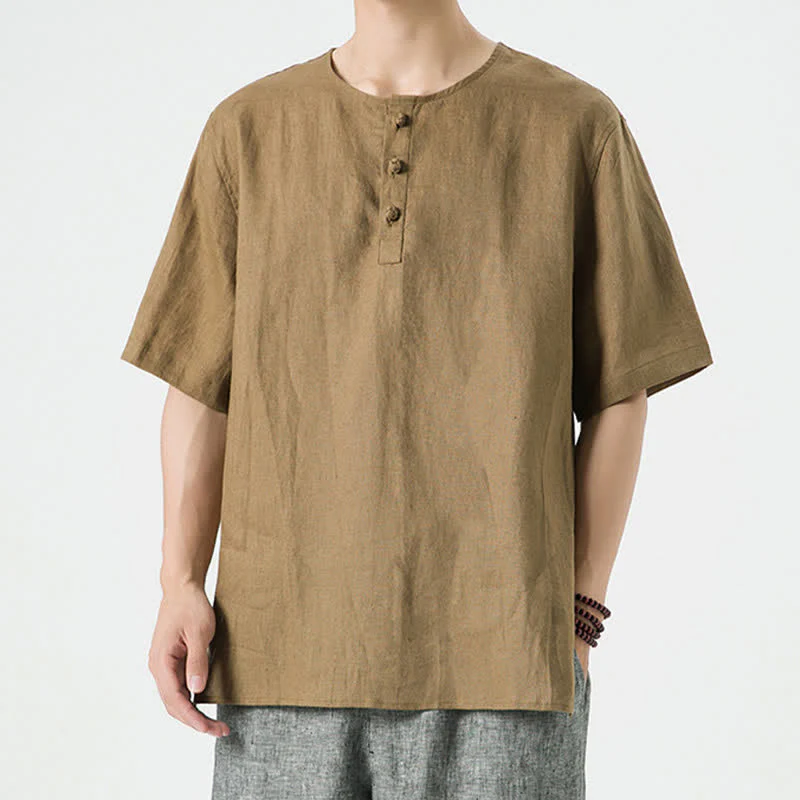 Buddha Stones Letnie, swobodne, minimalistyczne koszule męskie z krótkim rękawem, z rozcięciem z boku i okrągłym dekoltem, z lnu - Image 33