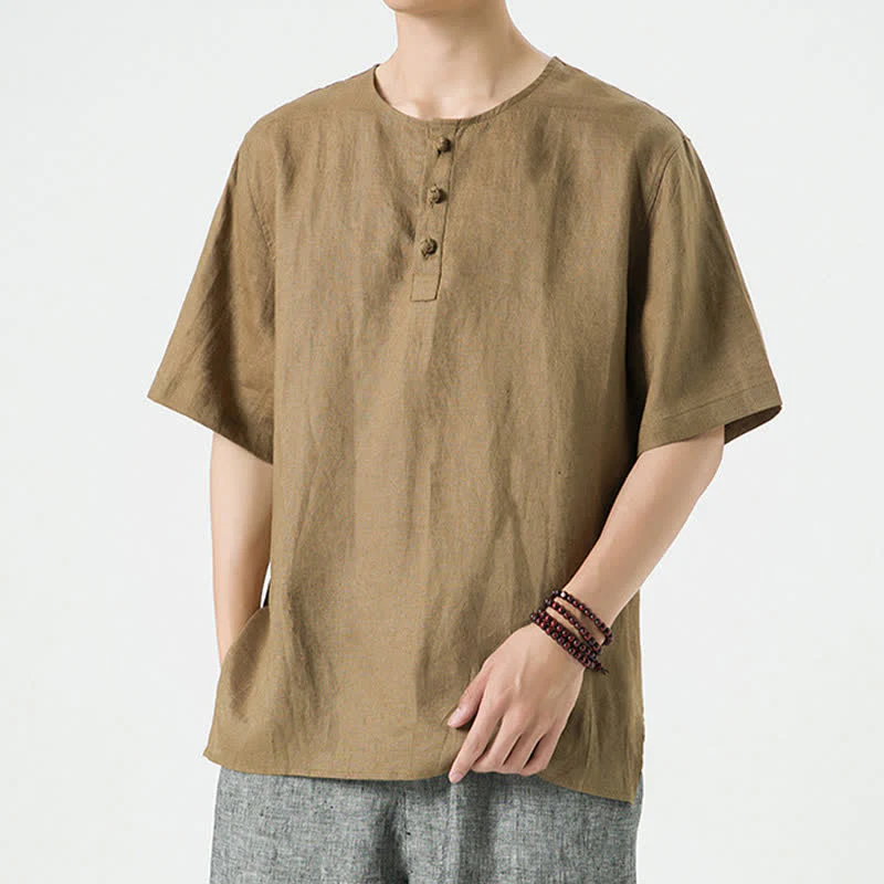 Buddha Stones Letnie, swobodne, minimalistyczne koszule męskie z krótkim rękawem, z rozcięciem z boku i okrągłym dekoltem, z lnu - Image 39