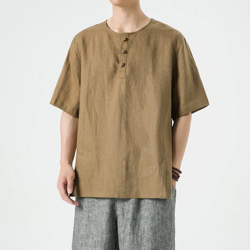 Buddha Stones Letnie, swobodne, minimalistyczne koszule męskie z krótkim rękawem, z rozcięciem z boku i okrągłym dekoltem, z lnu - Image 41