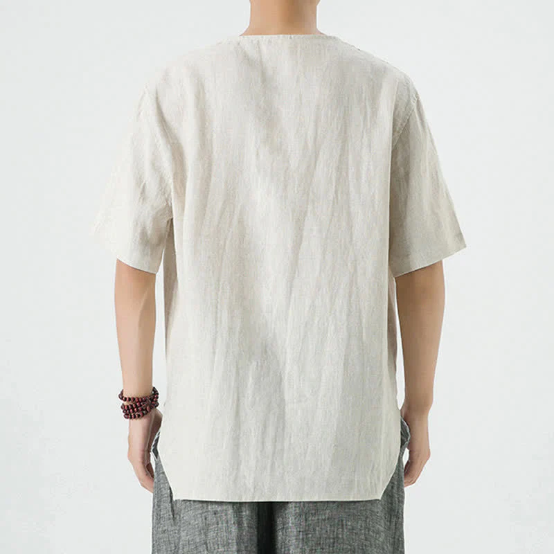 Buddha Stones Letnie, swobodne, minimalistyczne koszule męskie z krótkim rękawem, z rozcięciem z boku i okrągłym dekoltem, z lnu - Image 5