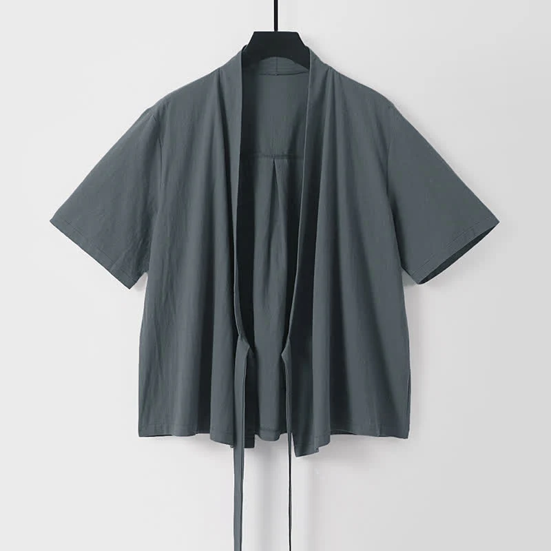 Buddha Stones Letnie, swobodne, minimalistyczne, krótkie rękawy, jednokolorowe, sznurowane, męskie kimono z bawełny i lnu, z odkrytym przodem