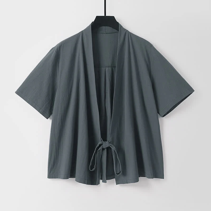 Buddha Stones Letnie, swobodne, minimalistyczne, krótkie rękawy, jednokolorowe, sznurowane, męskie kimono z bawełny i lnu, z odkrytym przodem - Image 2