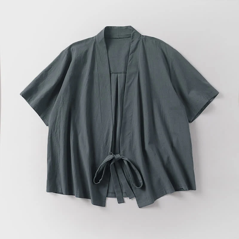 Buddha Stones Letnie, swobodne, minimalistyczne, krótkie rękawy, jednokolorowe, sznurowane, męskie kimono z bawełny i lnu, z odkrytym przodem - Image 3