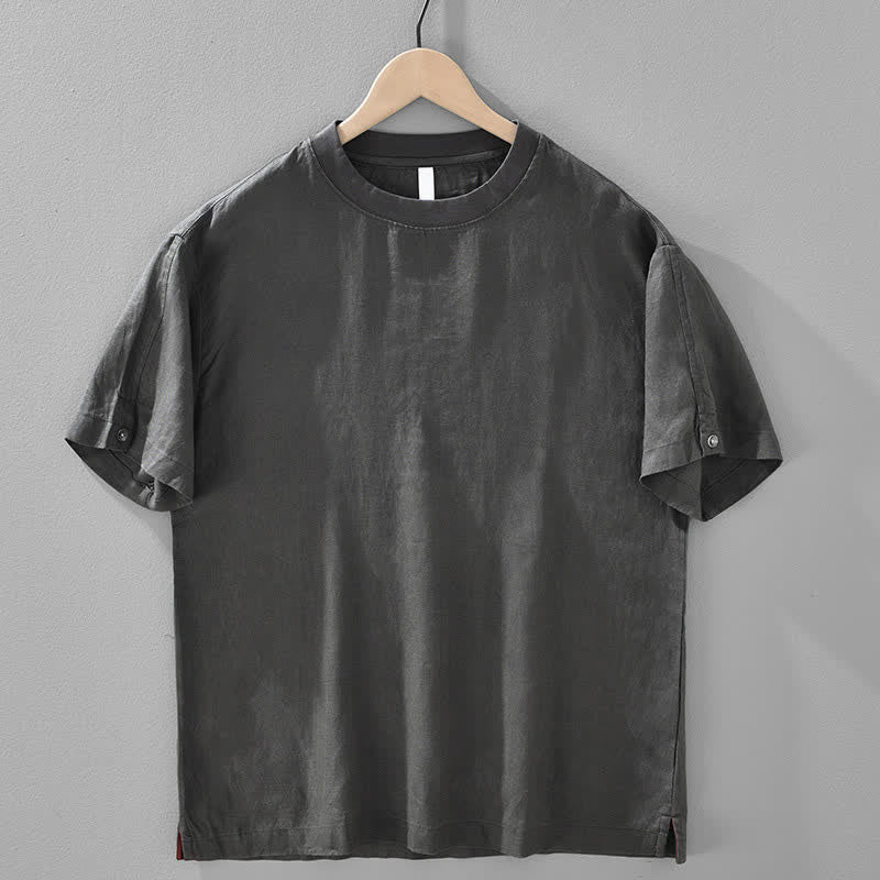 Buddha Stones Letnie, swobodne, minimalistyczne, lniane, męskie koszulki z krótkim rękawem i okrągłym dekoltem - Image 13
