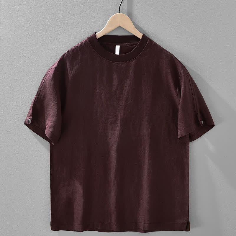 Buddha Stones Letnie, swobodne, minimalistyczne, lniane, męskie koszulki z krótkim rękawem i okrągłym dekoltem - Image 14