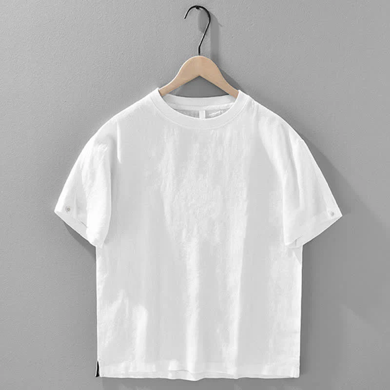 Buddha Stones Letnie, swobodne, minimalistyczne, lniane, męskie koszulki z krótkim rękawem i okrągłym dekoltem - Image 15