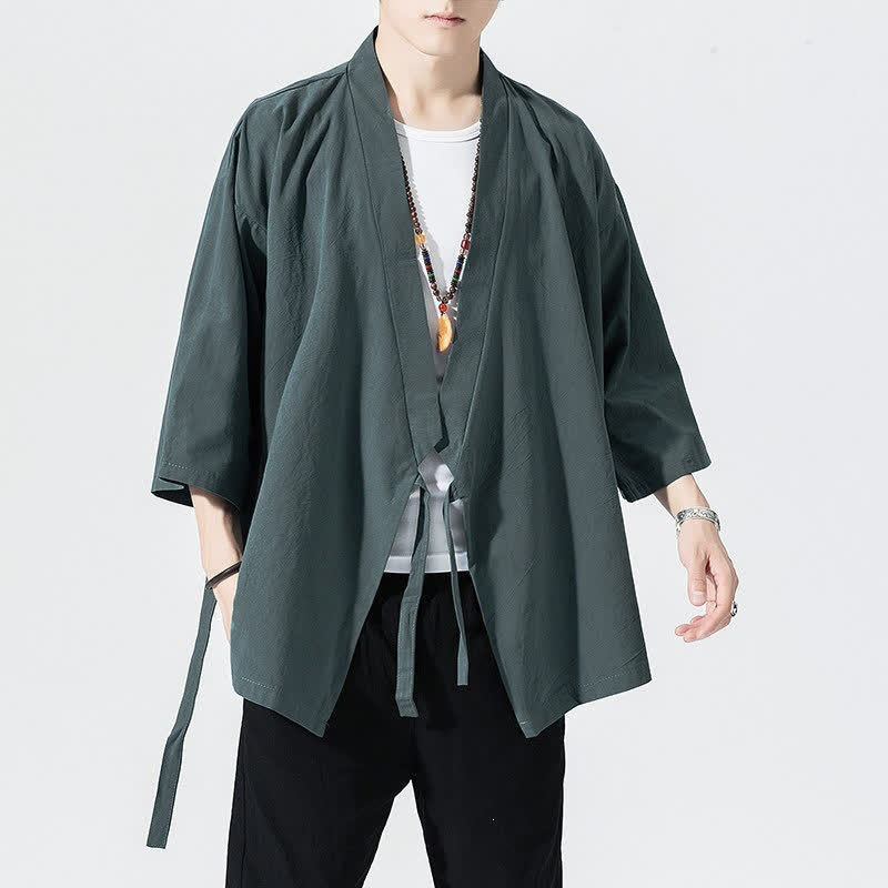 Buddha Stones Letnie, swobodne, minimalistyczne, męskie kimono ze ściągaczem i rękawami do łokci - Image 2