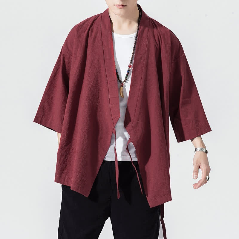 Buddha Stones Letnie, swobodne, minimalistyczne, męskie kimono ze ściągaczem i rękawami do łokci - Image 21