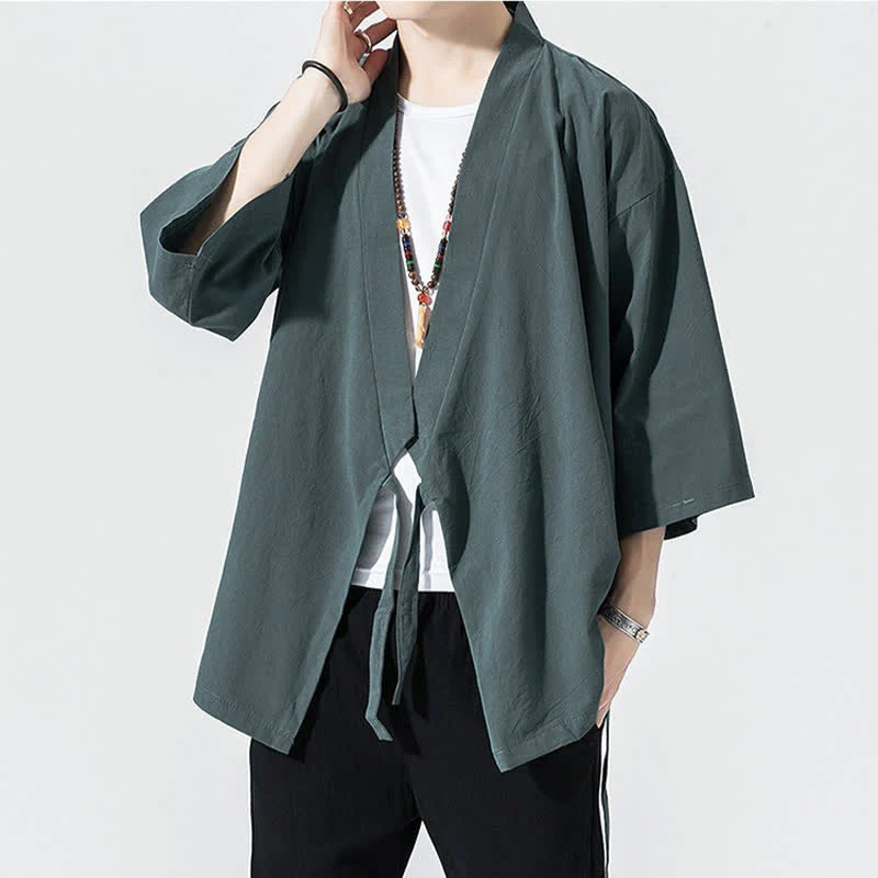 Buddha Stones Letnie, swobodne, minimalistyczne, męskie kimono ze ściągaczem i rękawami do łokci - Image 3
