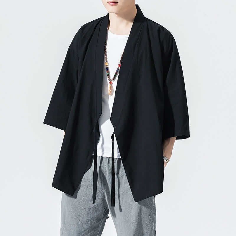 Buddha Stones Letnie, swobodne, minimalistyczne, męskie kimono ze ściągaczem i rękawami do łokci - Image 6