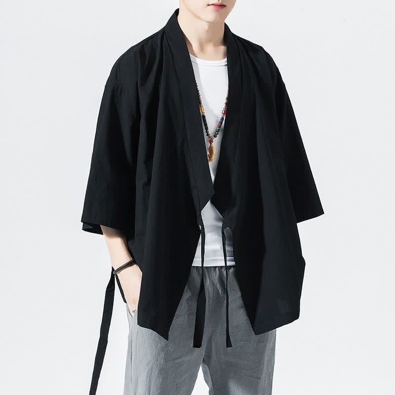 Buddha Stones Letnie, swobodne, minimalistyczne, męskie kimono ze ściągaczem i rękawami do łokci - Image 7