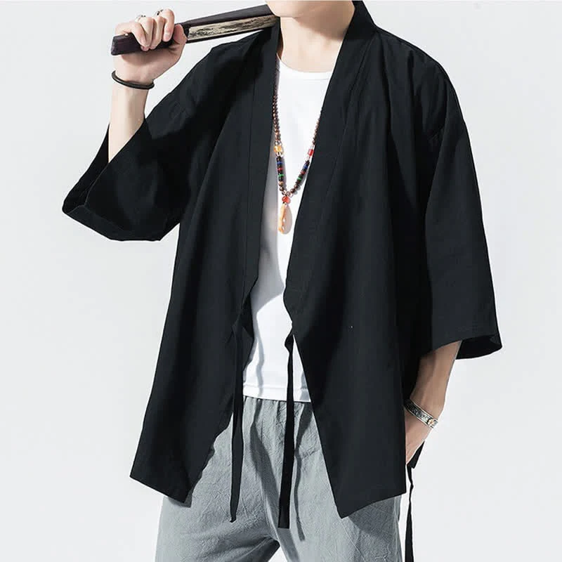 Buddha Stones Letnie, swobodne, minimalistyczne, męskie kimono ze ściągaczem i rękawami do łokci - Image 9