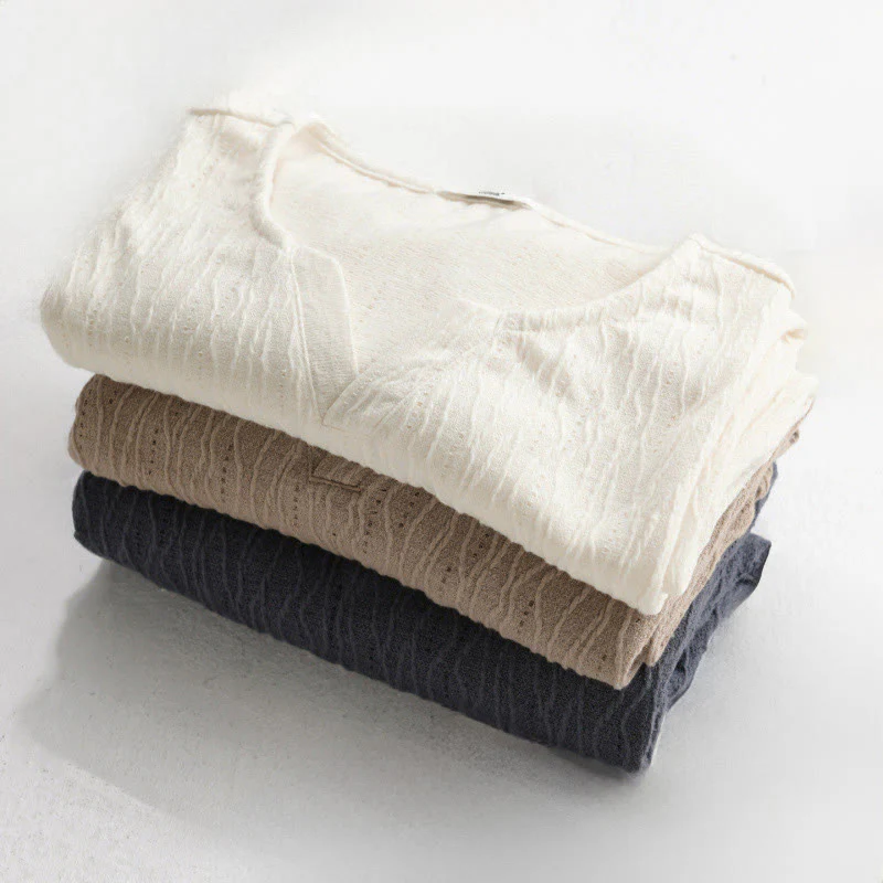 Buddha Stones Letnie, swobodne, minimalistyczne, męskie koszulki z krótkim rękawem i dekoltem w serek - Image 19