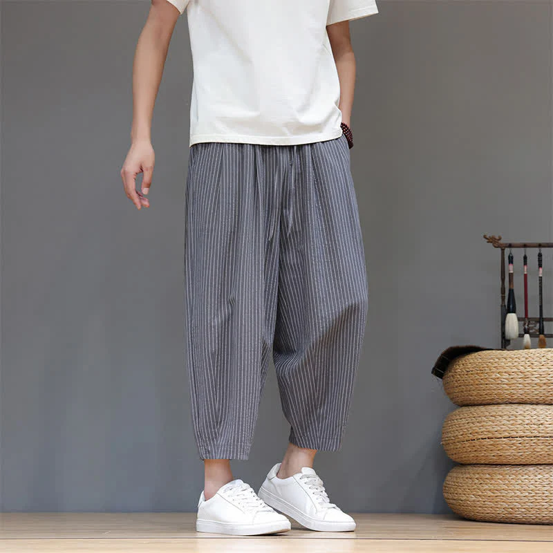 Buddha Stones Letnie, swobodne, minimalistyczne spodnie capri z bawełny i lnu w paski, zwężane, męskie, z kieszeniami