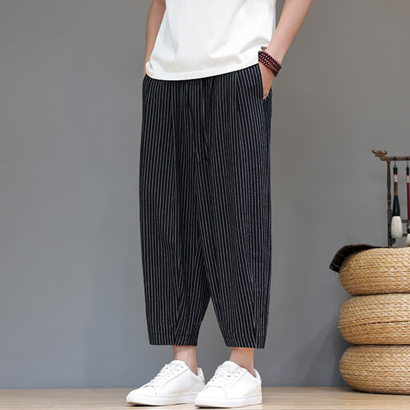 Buddha Stones Letnie, swobodne, minimalistyczne spodnie capri z bawełny i lnu w paski, zwężane, męskie, z kieszeniami - Image 14
