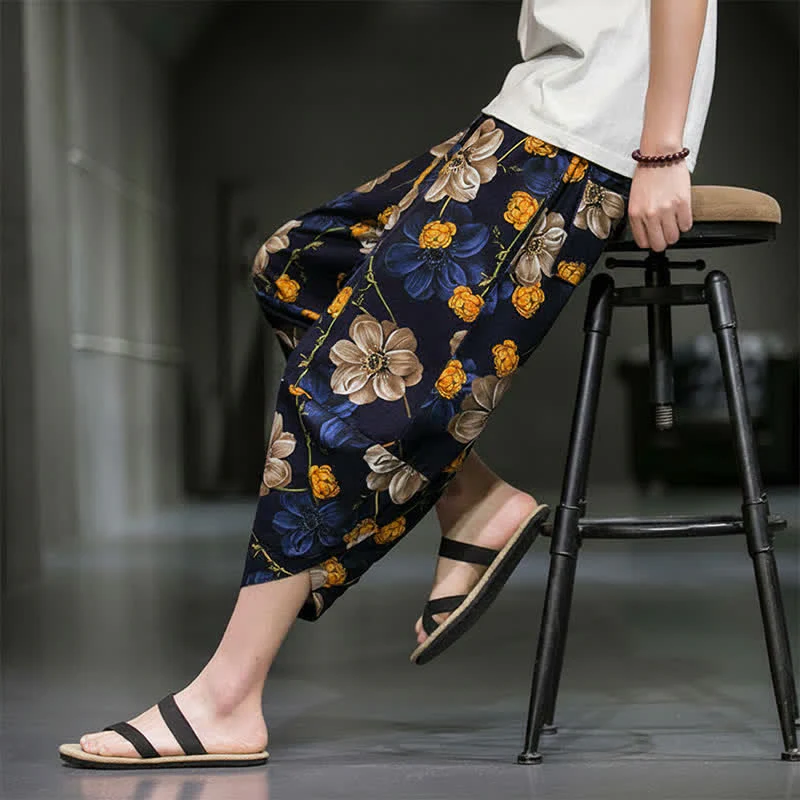 Buddha Stones Letnie, swobodne spodnie capri w kwiaty w stylu boho, męskie, zwężane, z kieszeniami