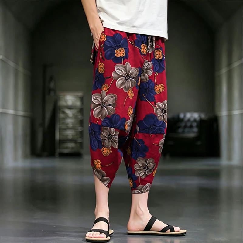 Buddha Stones Letnie, swobodne spodnie capri w kwiaty w stylu boho, męskie, zwężane, z kieszeniami - Image 13