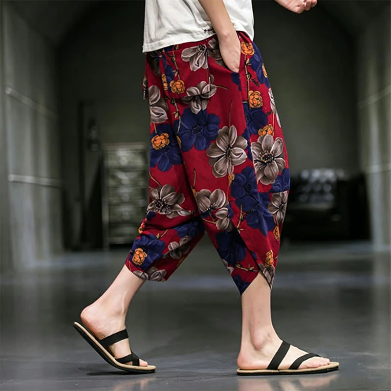 Buddha Stones Letnie, swobodne spodnie capri w kwiaty w stylu boho, męskie, zwężane, z kieszeniami - Image 16