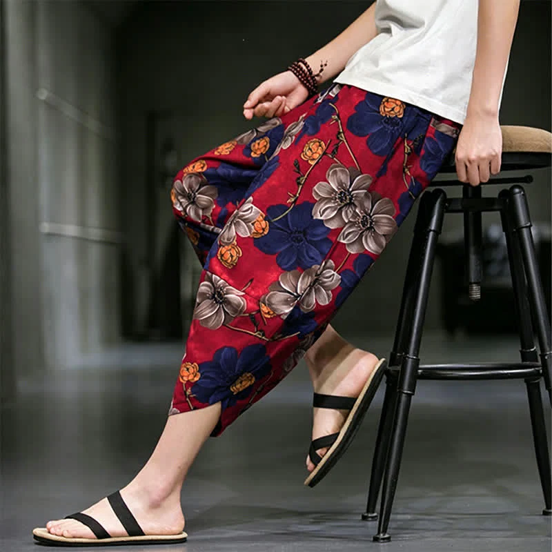 Buddha Stones Letnie, swobodne spodnie capri w kwiaty w stylu boho, męskie, zwężane, z kieszeniami - Image 18