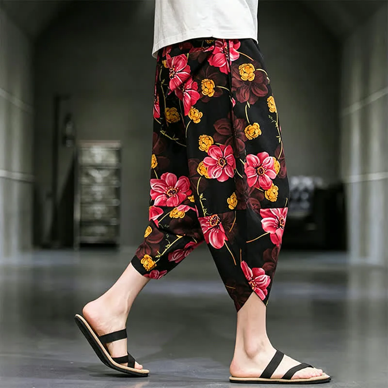 Buddha Stones Letnie, swobodne spodnie capri w kwiaty w stylu boho, męskie, zwężane, z kieszeniami - Image 20