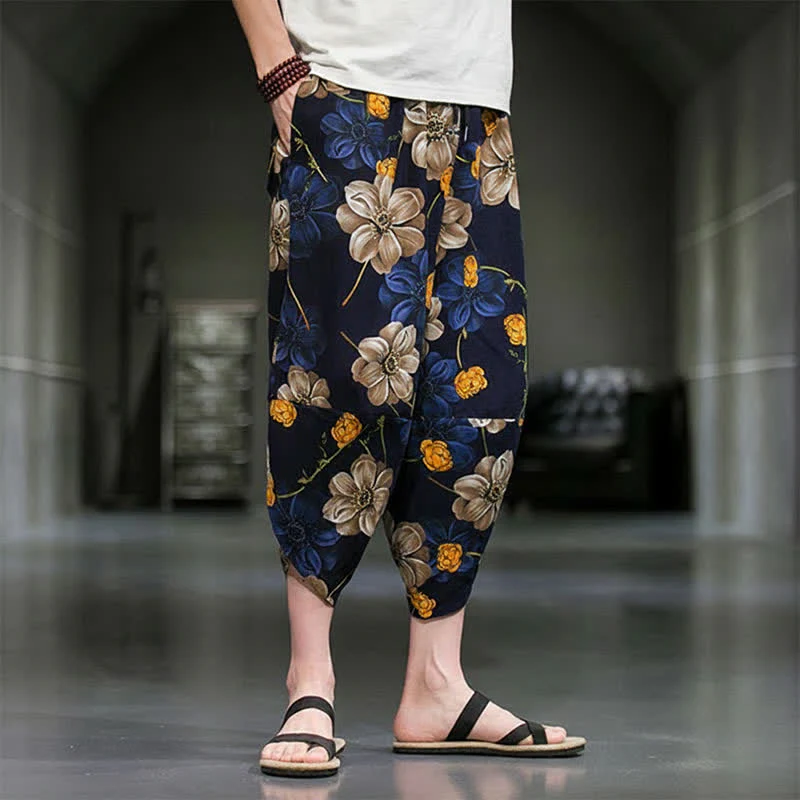 Buddha Stones Letnie, swobodne spodnie capri w kwiaty w stylu boho, męskie, zwężane, z kieszeniami - Image 4