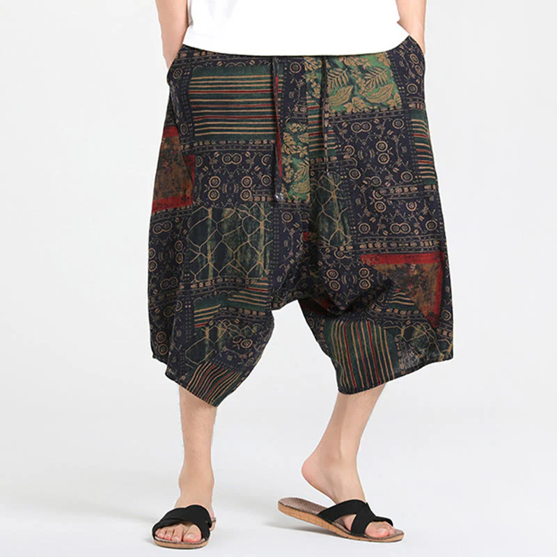 Buddha Stones Letnie, swobodne spodnie capri w stylu boho ze ściągaczem i abstrakcyjną geometrią, męskie spodnie haremowe z kieszenią - Image 11