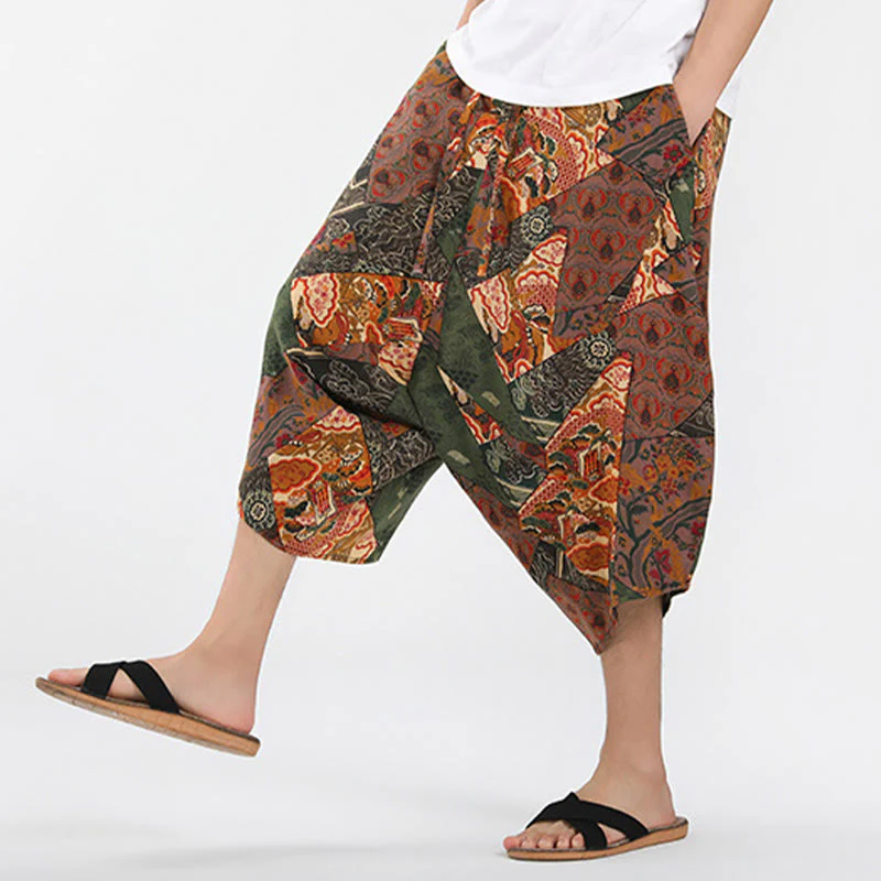 Buddha Stones Letnie, swobodne spodnie capri w stylu boho ze ściągaczem i abstrakcyjną geometrią, męskie spodnie haremowe z kieszenią - Image 6
