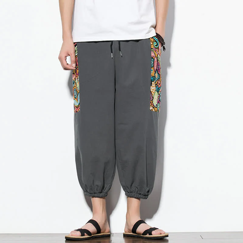 Buddha Stones Letnie, swobodne spodnie capri w stylu boho ze ściągaczem i abstrakcyjnymi motywami, męskie spodnie haremowe z kieszenią - Image 2