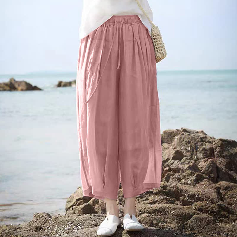 Buddha Stones Letnie, swobodne spodnie capri w stylu boho ze ściągaczem i kieszeniami. Szerokie nogawki. - Image 30
